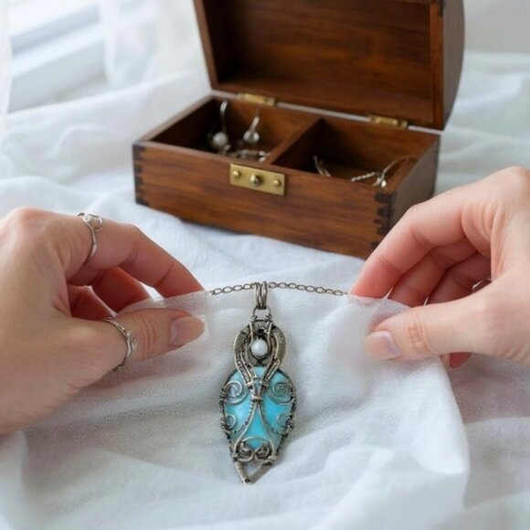 Handcrafted ✦ Larimar Wire Wrapped Pendant ✦ 4.13" Pear-Shaped Ocean Stone NWT - Picture 7 of 7